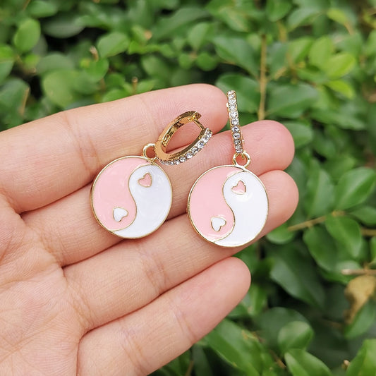 Rhinestone Pink Yin Yang Drop Earrings Women Girl Fashion Trendy Jewelry
