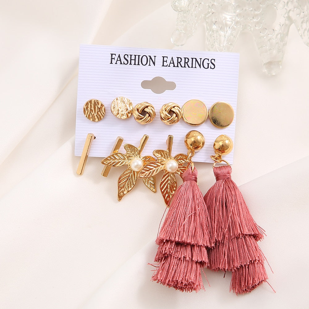 6pairs Textured Leaf Coral Tassel Stud and Drop Earrings Fashion Women Summer