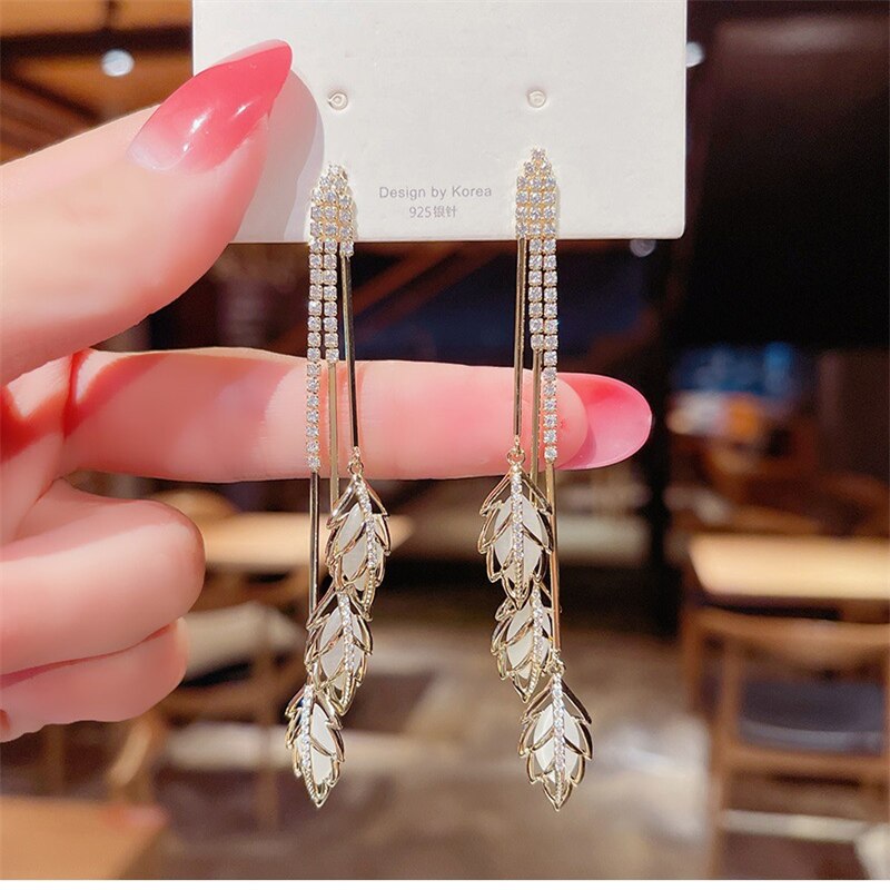 Layered Leaves Crystals Lady Cute Dangle Earrings for Women Jewelry Girls