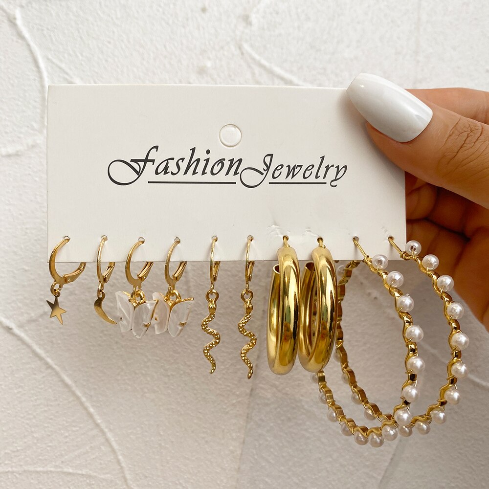 5 pairs Set Faux Pearl Snake Design Hoop Earrings Fashion Women Summer Party
