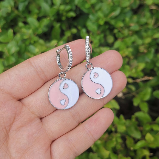 Pink Round Yin Yang Dangle Earrings Women Girl Fashion Trendy Jewelry
