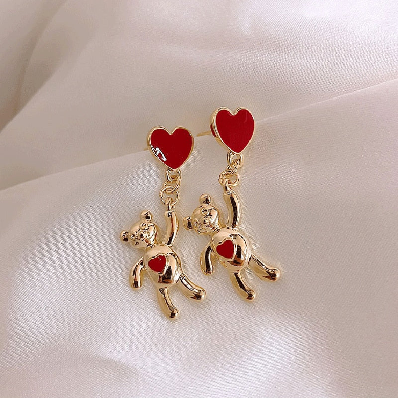 Lady Cute Bear with Red Heart Drop Earrings for Women Jewelry Girls Earrings