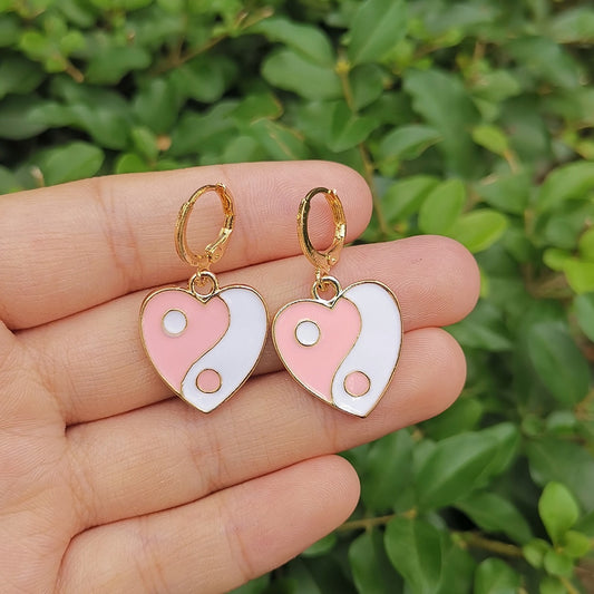 Pink White Heart Yin Yang Drop Earrings Women Girl Fashion Trendy Jewelry