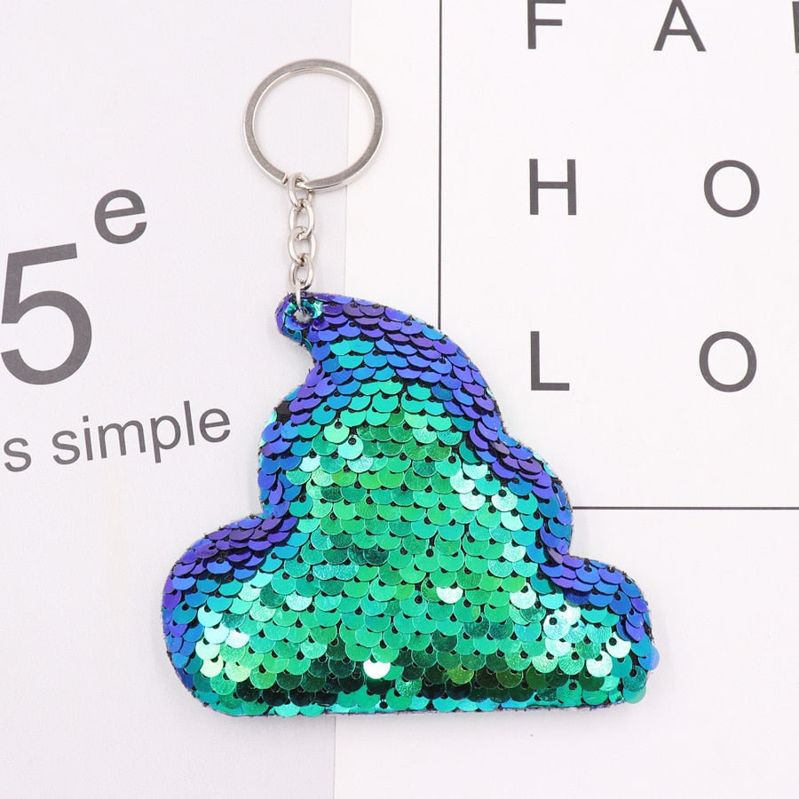 Green Blue Poo Design Sequin Keychain Sparkling Love Keyring Women Shoulder Bag