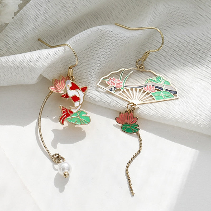 Red Green Japapnese Pattern Drop Earrings Women Party Wedding Jewelry Creative