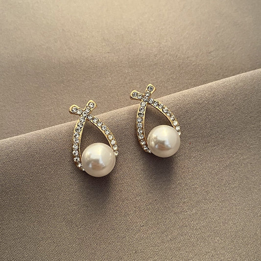 Hoop Bow Pearl Stud Earrings For Women Girl Fashion Modern Jewelry Gift