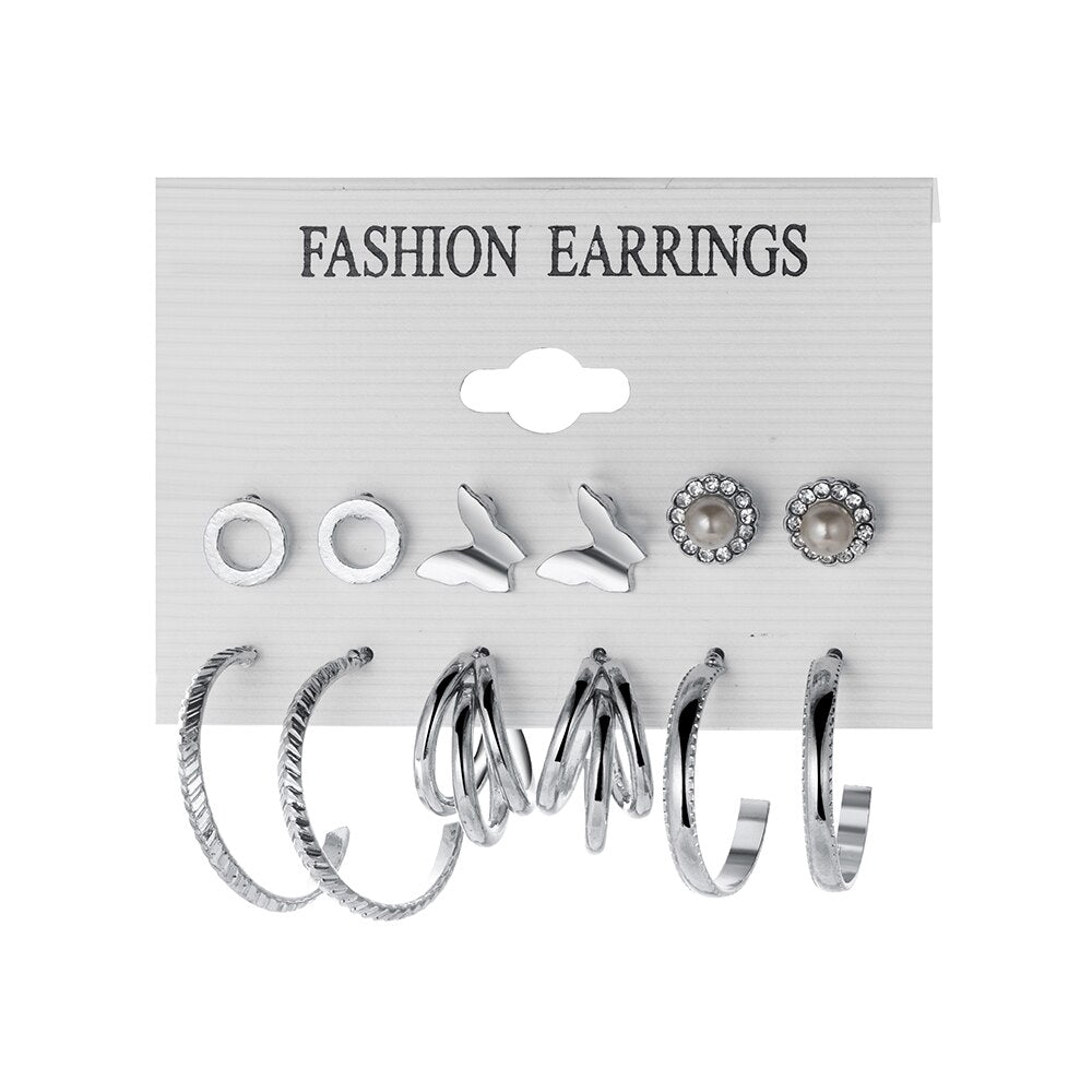 6 Pairs Minimalistic Design Stud and Hoop Earrings Fashion Women Summer Party