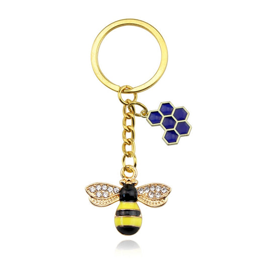 6 Styles Alloy Drip Oil Rhinestone Bee Keychain Hexagon Honeycomb Charms Key