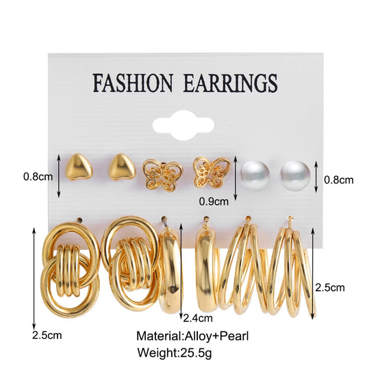 6 Pairs Golden Stud and Hoop Earrings Fashion Women Summer Party Jewelry Girls