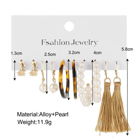 5pairs Imitation Pearl Khaki Tassel Drop Earrings Fashion Women Summer Party