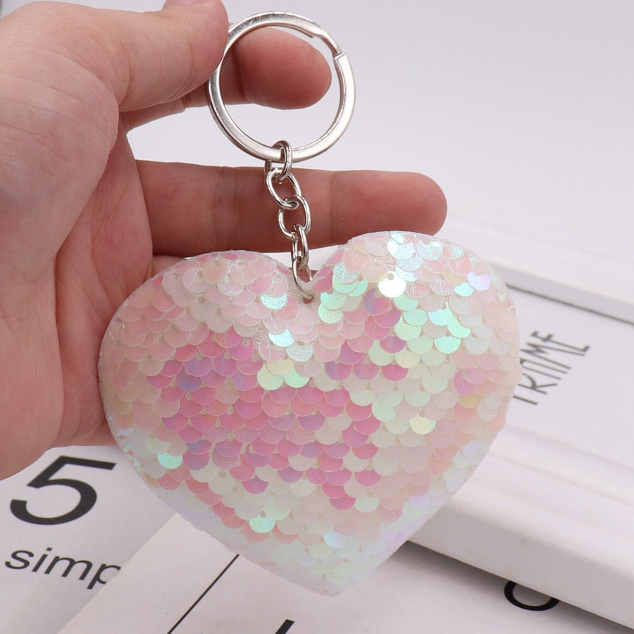 Holographic White Heart Sequin Keychain Sparkling Love Keyring Women Shoulder