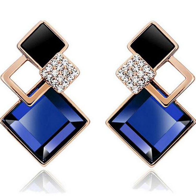 Blue Rhinestone Decor Geometric Stud Earrings for Women Girls Ear Studs Jewelry