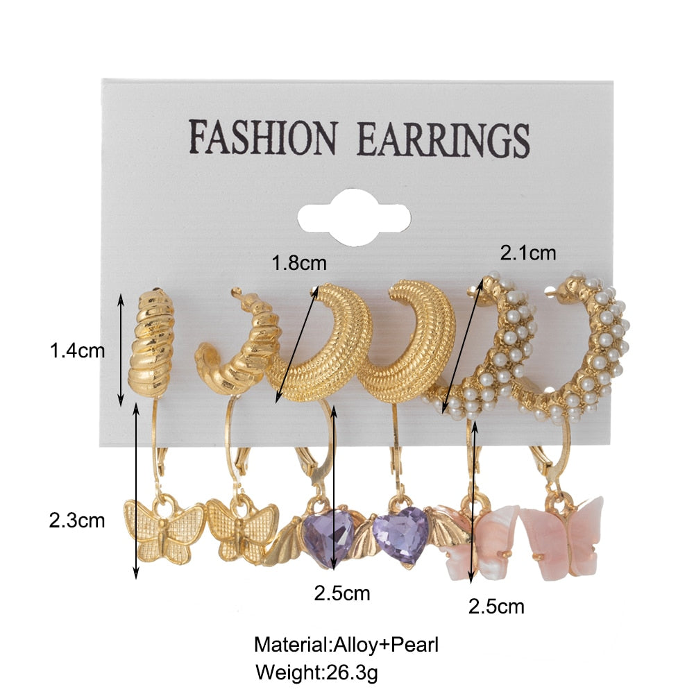 6 Pairs Set Butterfly Charm Hoop Earrings Fashion Women Summer Party Jewelry