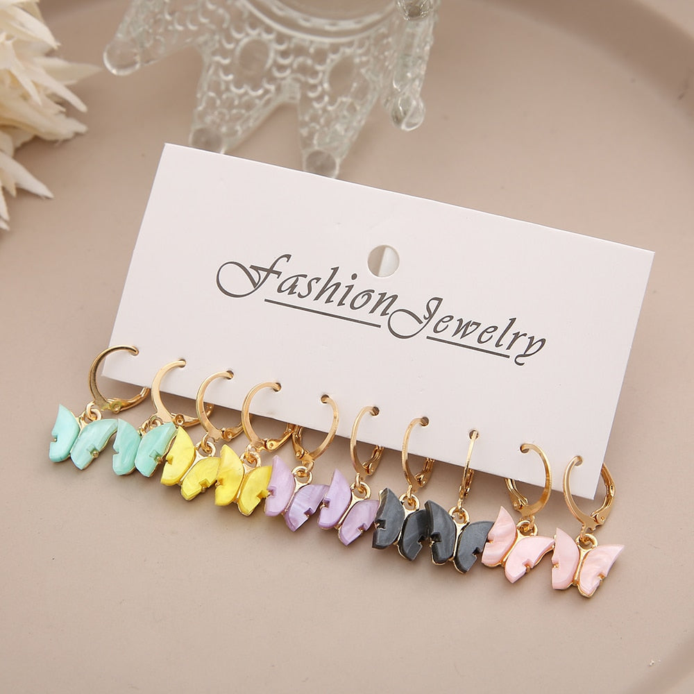 5pairs Five Colors Butterfly Pendant Drop Earrings Fashion Women Summer Party