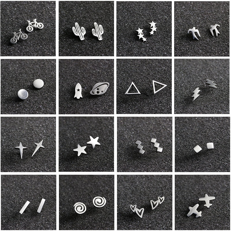 12 Styles Tiny Minimalist Stainless Steel Stud Earrings Women Jewelry Small
