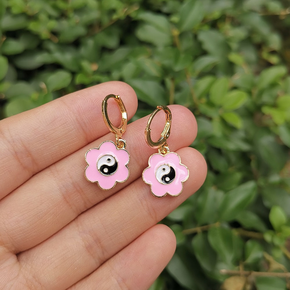 Yin Yang Flower Pink Dangle Earrings Women Girl Fashion Trendy Jewelry