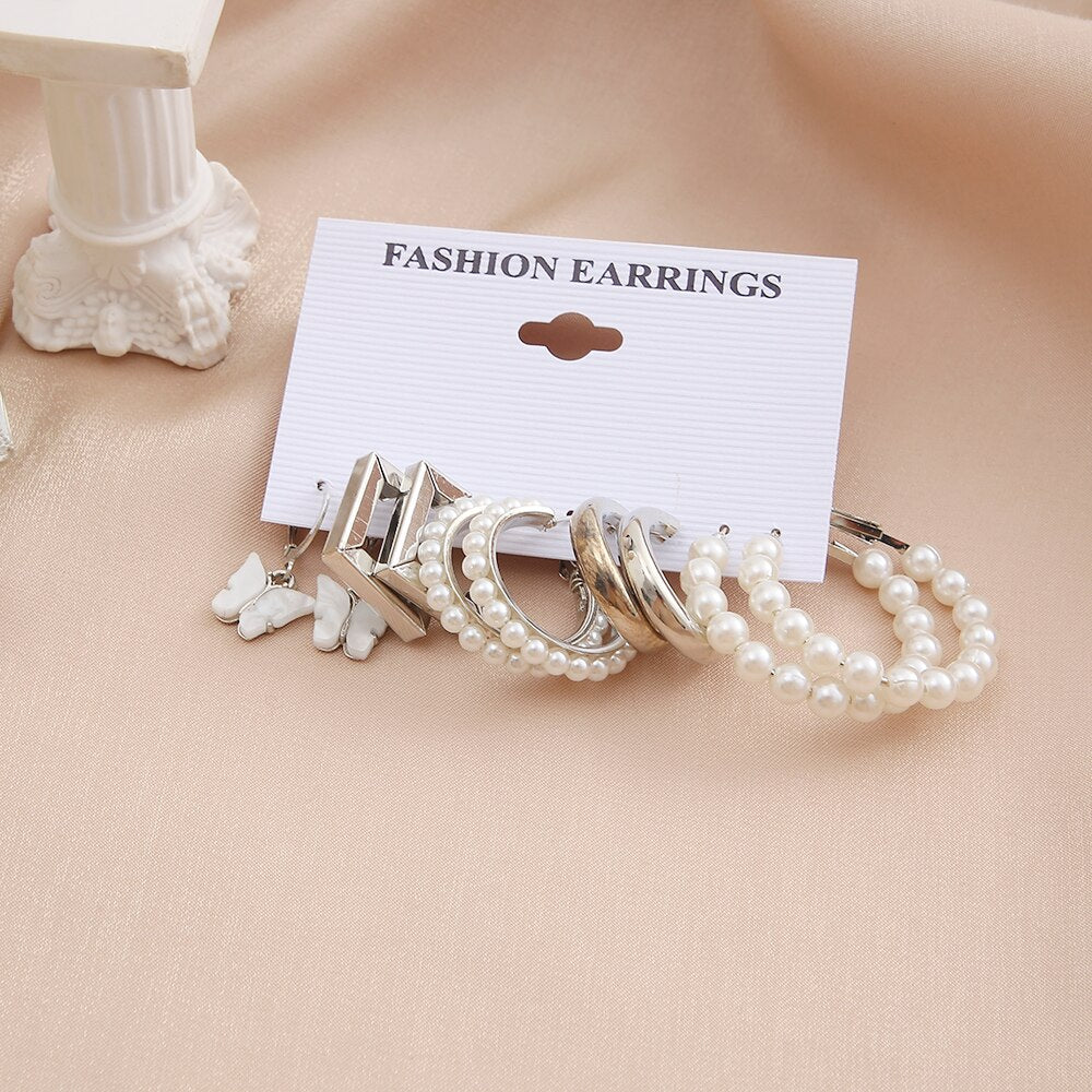 5 Pairs Simple Pearl Hoop Earrings Fashion Women Summer Party Jewelry Girls