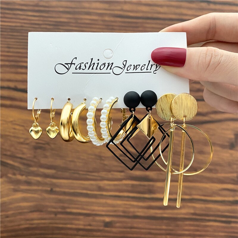 5pairs Geometric Textured Drop Earrings Fashion Women Summer Party Jewelry Girls