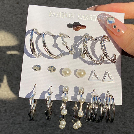 9pairs Silvery Hoop Earrings Set Fashion Women Summer Party Jewelry Girls Gifts