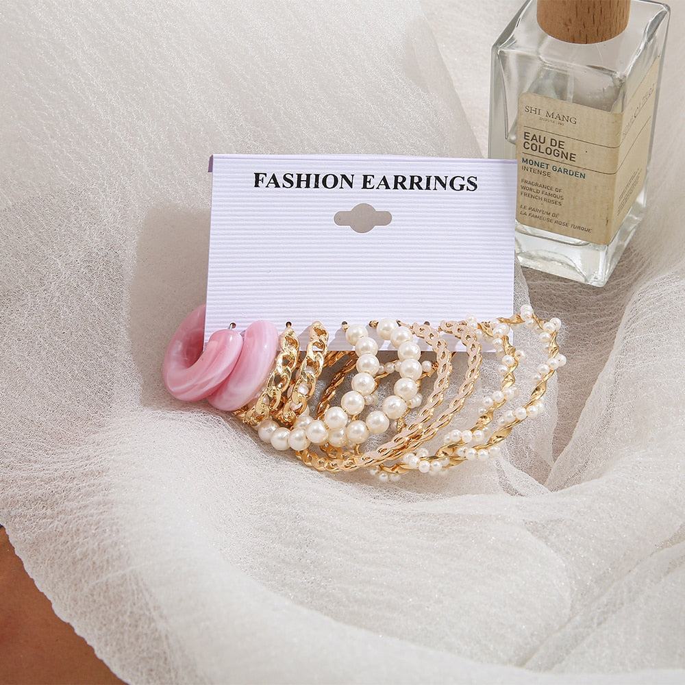 5 Pairs Pearl Style Hoop Earrings Fashion Women Summer Party Jewelry Girls Gifts