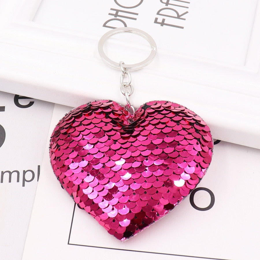 Hot Pink Heart Sequin Keychain Sparkling Love Keyring Women Shoulder Bag Mobile