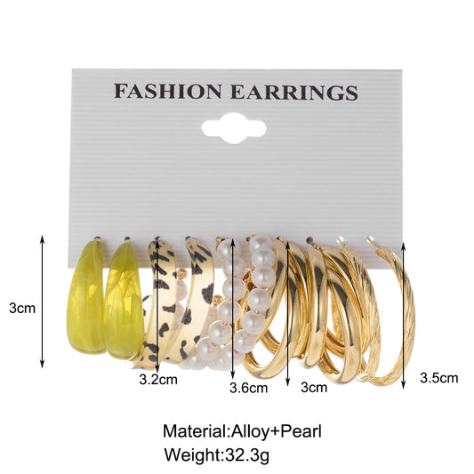 5 Pairs Green Leopard Pearl Hoop Earrings Fashion Women Summer Party Jewelry