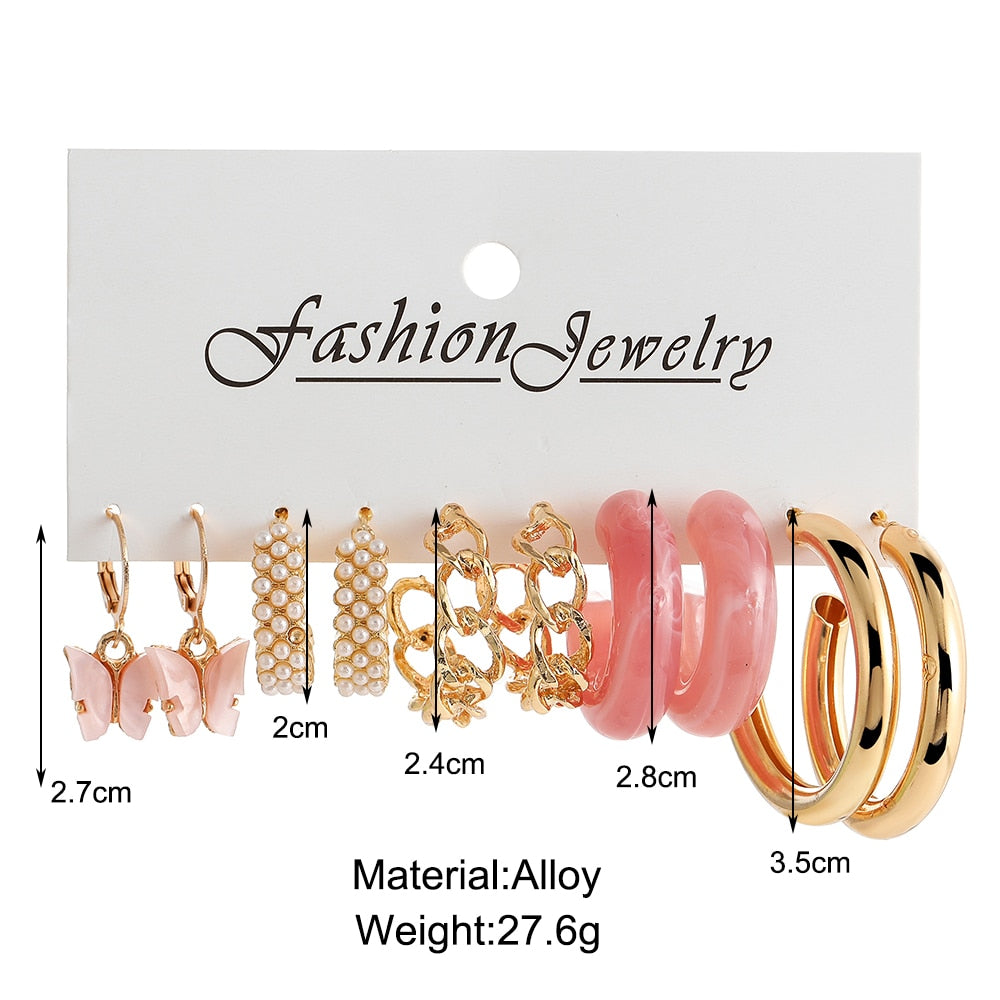 5 Pairs Hoop Chain Butterfly Set Earrings Fashion Women Summer Party Jewelry