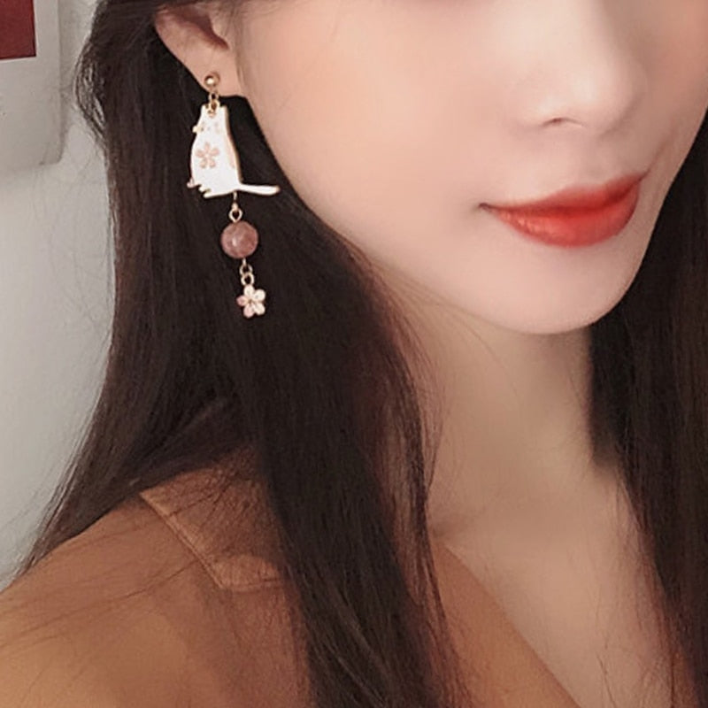 Cat and Fan Drop Earrings Women Party Wedding Jewelry Creative Gifts Earrings