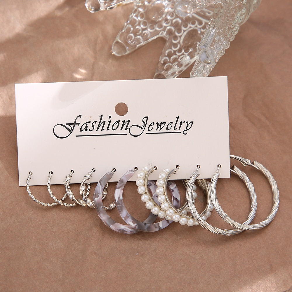 5pairs Textured Silvery Hoop Earrings Fashion Women Summer Party Jewelry Girls