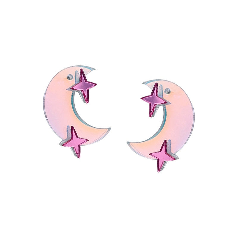 Holographic Moon Star Drop Earrings Women Travel Fashion Cartoon Earrings