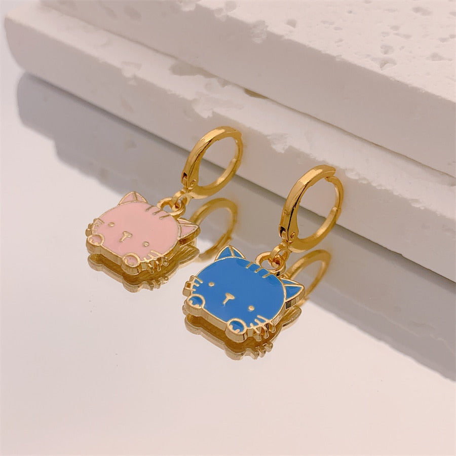 Pink and Blue Kitty Drop Earrings Women Creativity Jewelry Cute Earring Girls