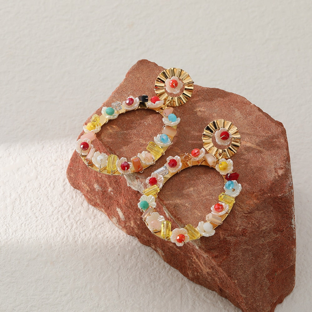 Boho Colorful Beaded Oval Drop Earrings Women Fashion Creative Art Cute Stylish