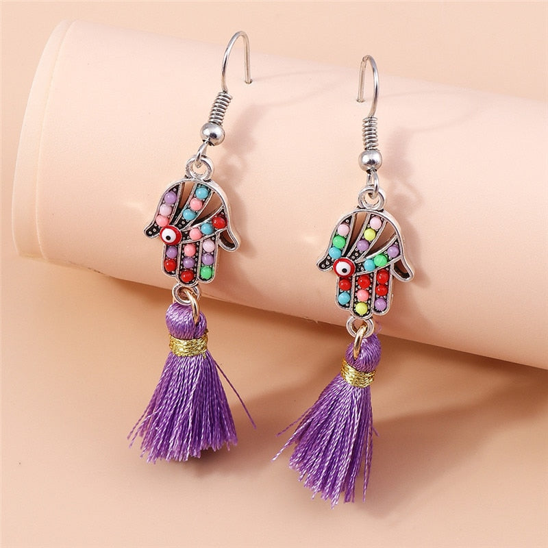 Beaded Hand Purple Tassel Dangle Drop Earrings Women Charms Earring Fashion