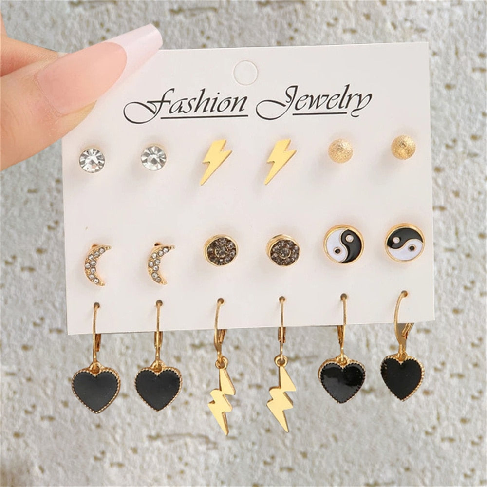 9 Pairs Moon Heart Lightning Stud and Drop Charm Earrings For Women Girl Fashion