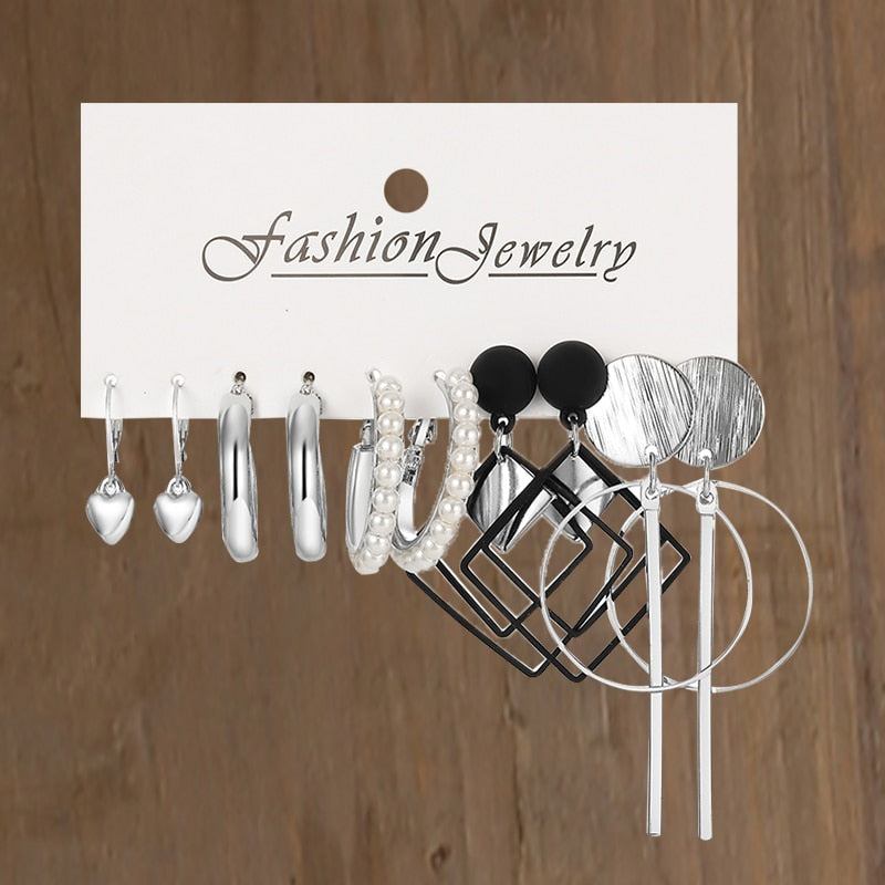 5pairs Silvery Geometric Drop Hoop Earrings Trendy Jewelry Creative Style