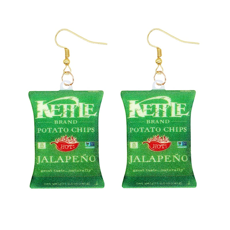 Green Kettle Chips Bag Funny Design Drop Earrings Women Charms Earring Fashion