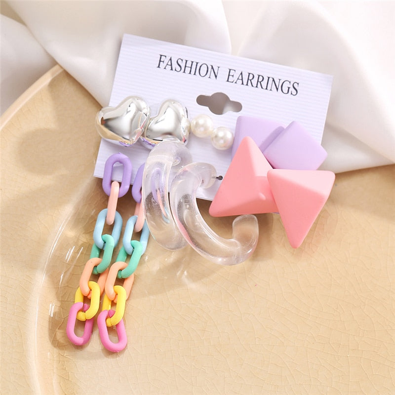 6 Pairs Pastel Colors Trendy Colorful Drop and Stud Earrings Trendy Jewelry