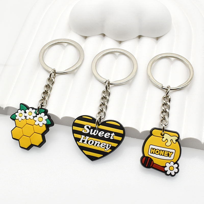 11 Styles Sweet Honey Bee PVC Keychain Metal Key Ring Backbag Hanging Fashion
