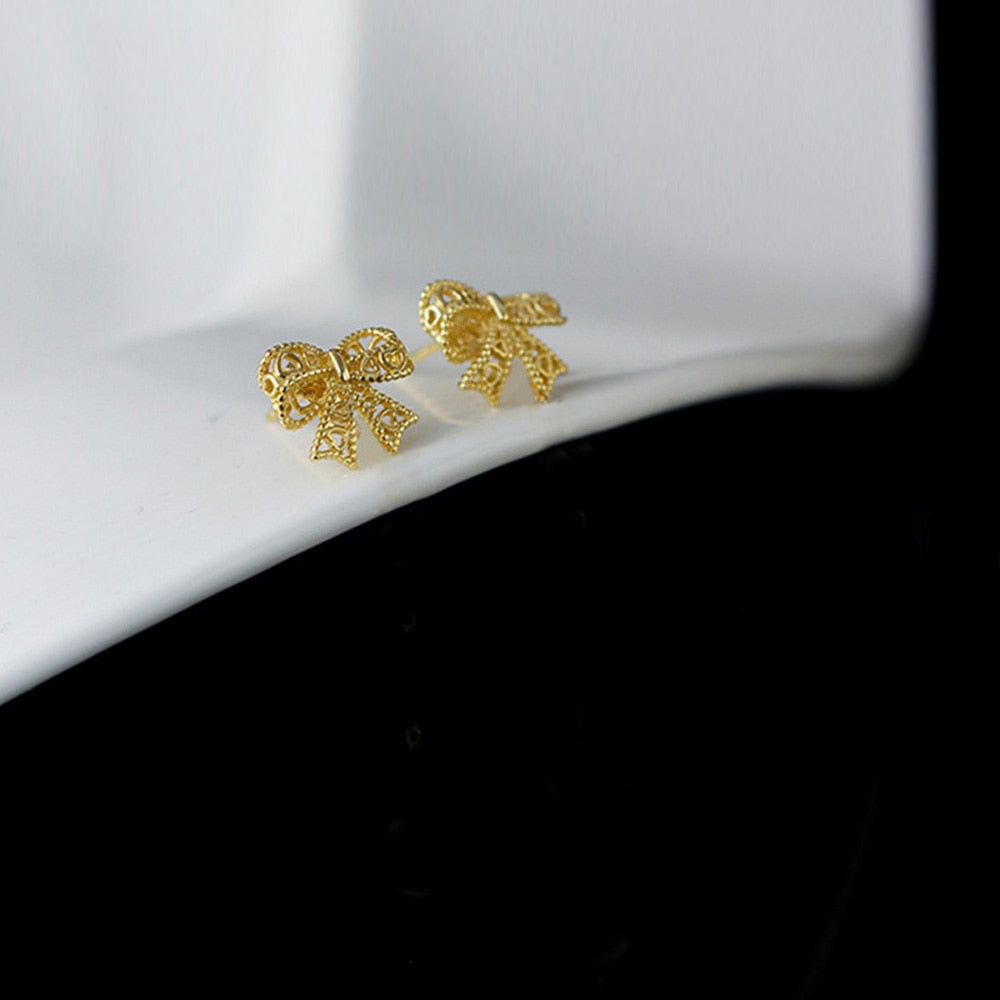 Hollow 3D Bow Stud Earrings Cut Asymmetric Mini Earrings Ear Piercing Jewelry