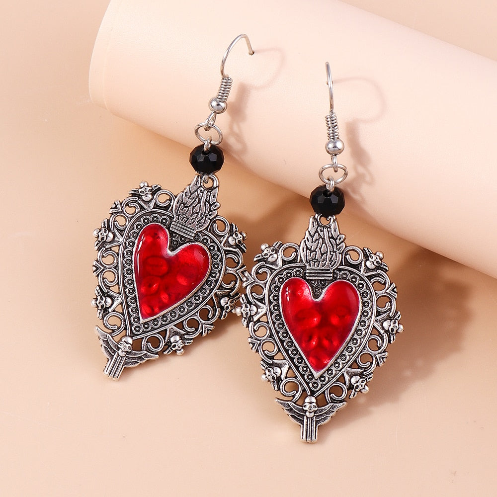 Red Heart Antique Silver Drop Earrings Women Creativity Jewelry Cute Earring