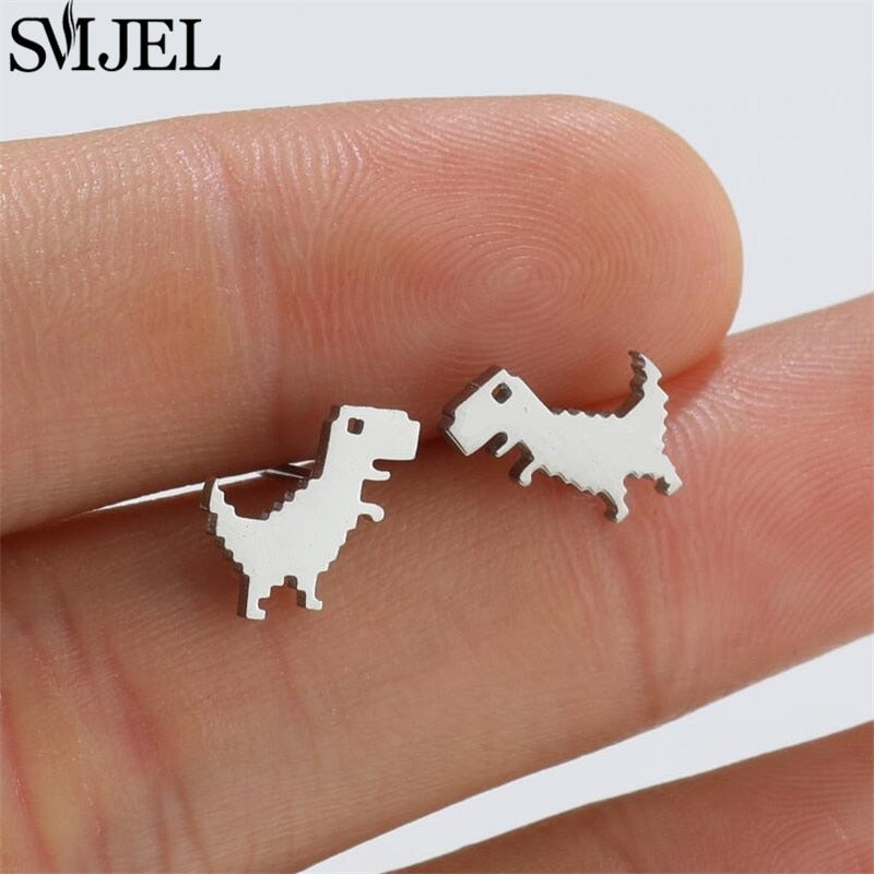 Digital Shape Dinosaur Stainless Steel Earrings Women Jewelry Small Studs Gifts