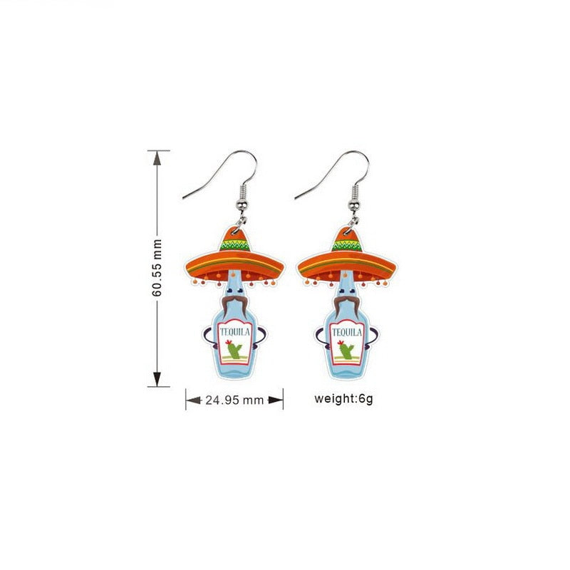 Tequila Mexican Pattern Drop Earrings Women Travel Fashion Cartoon Earrings