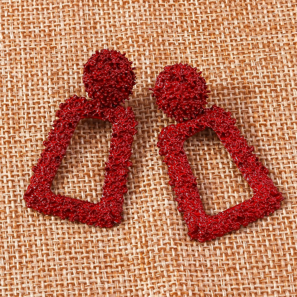 Red Textured Geometric Drop Earrings For Women Girl Fashion Modern Jewelry Gift