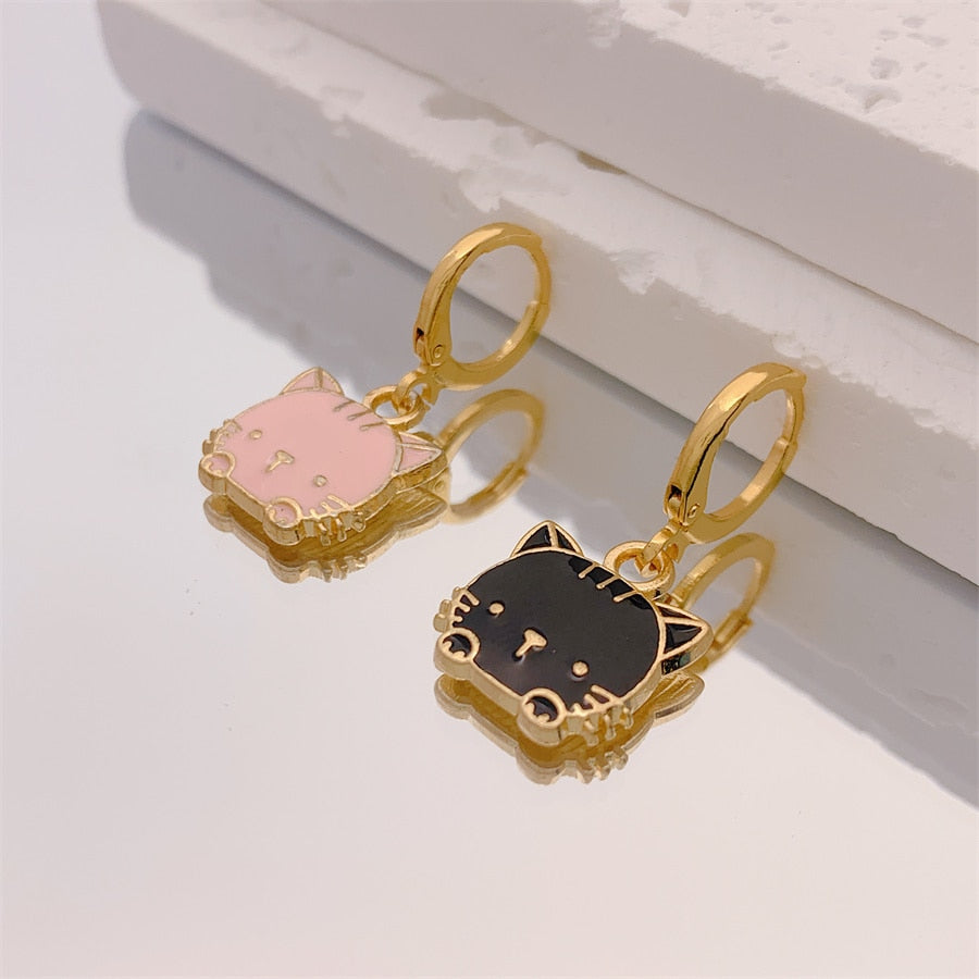 Pink and Black Kitty Drop Earrings Women Creativity Jewelry Cute Earring Girls