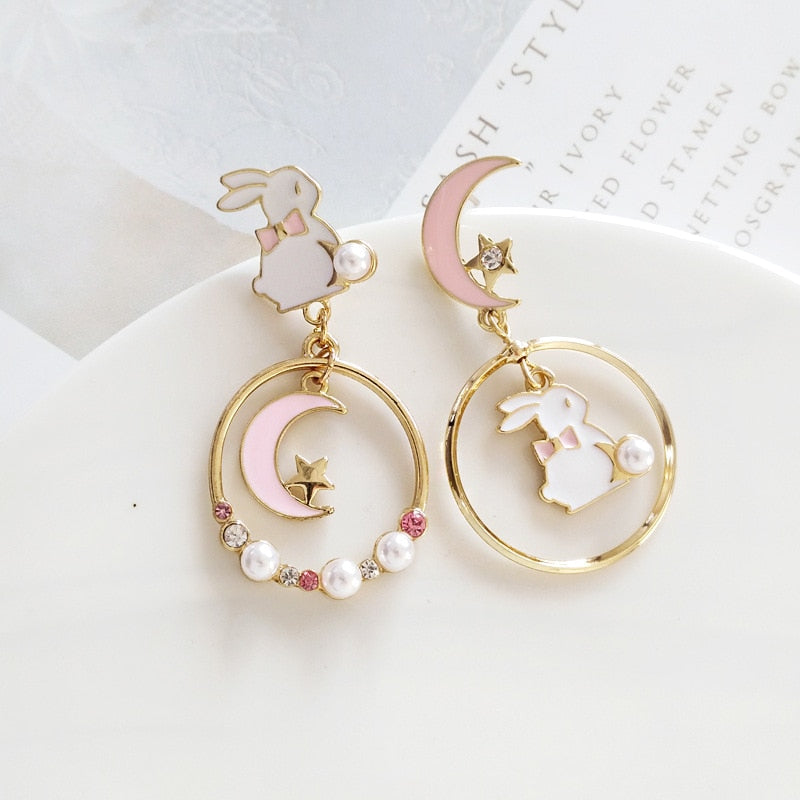 Mismatched Pink Moon Rabbit Drop Earrings Women Party Wedding Jewelry Creative