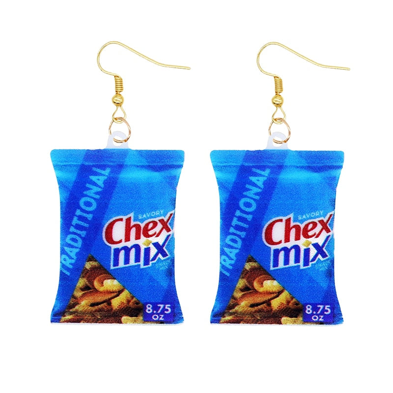 Blue Chex Mix Chips Bag Funny Design Drop Earrings Women Charms Earring Fashion
