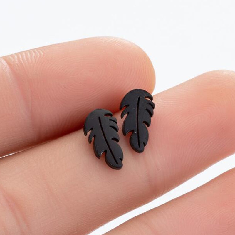 Feather Design Stainless Steel Earrings Women Jewelry Small Studs Gifts Earring