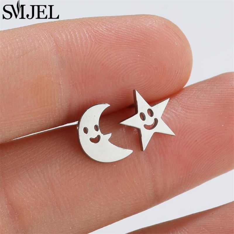 Moon Star Smile Stainless Steel Earrings Women Jewelry Small Studs Gifts Earring