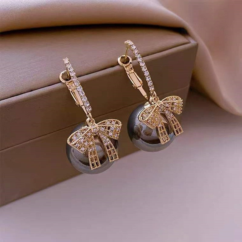 Grey Pearl and Bow Drop Earrings Women Party Wedding Jewelry Dangle Gifts