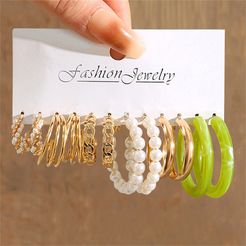 6 Pairs Faux Pearl Green Hoop Earrings Women Charms Earring Fashion Creative